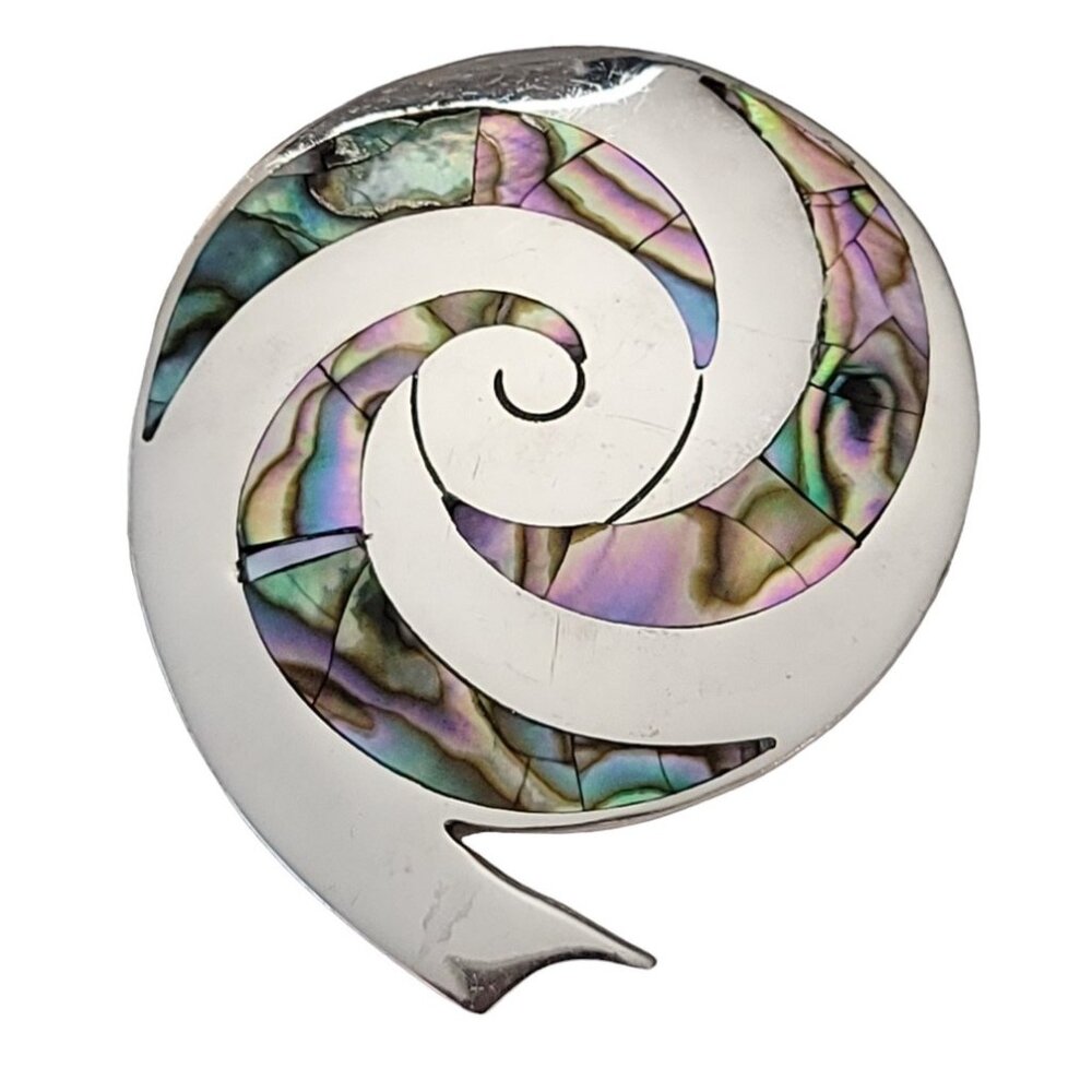 Mexico TH-24 925 Sterling Silver Abalone Inlay Snail Spiral Brooch Pendant L48 - Picture 1 of 9